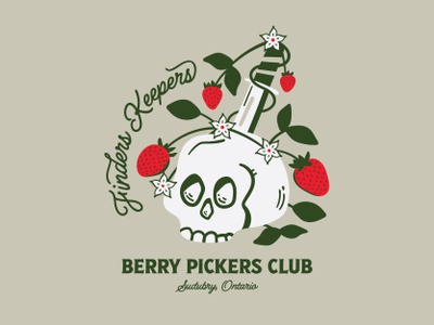 Finders Keepers Berry Pickers Club - Knife Skull badge berries berry picking design finders keepers graphic design illustration ka-bar knife shirt skull strawberries strawberry t-shirt vector